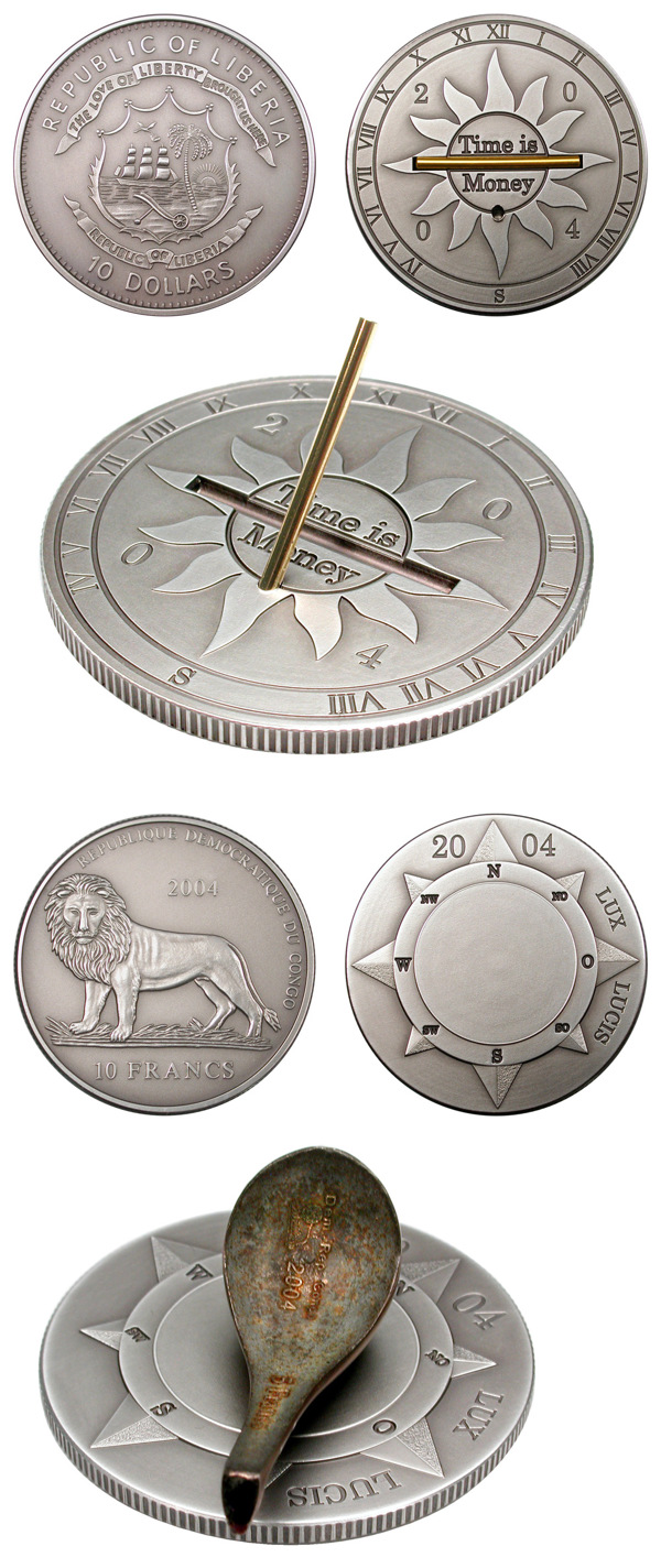 Монета время деньги. Монета солнечные часы Либерия. Монеты по временам. Монета с компасом и цифрой 2 серебро.